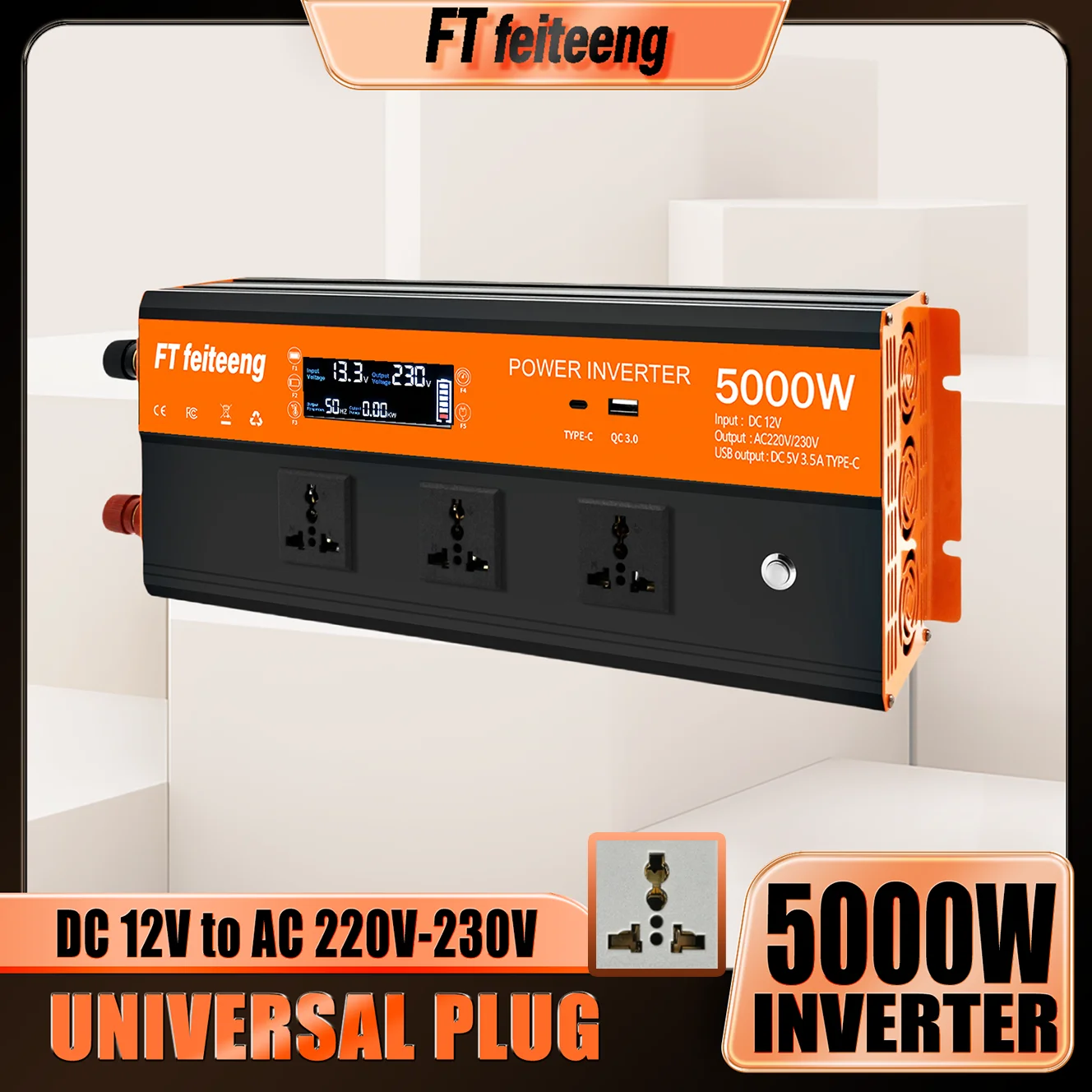 

FT feiteeng 5000W Heavy Duty Power Converter 12V DC to 220V AC with Universal Plugs for Home Appliances Solar Panel RV Camping