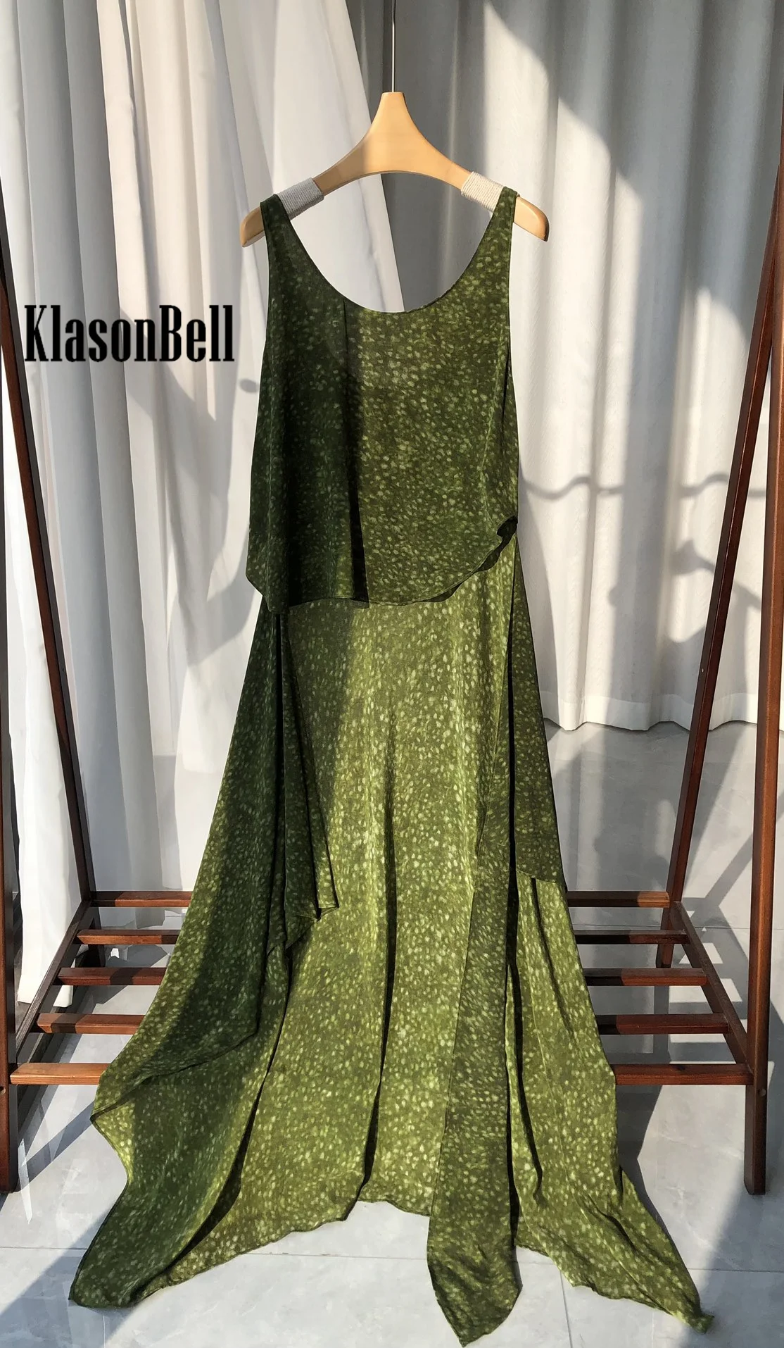 2.25 KlasonBell Green Print U-Neck Dress Temperament Wraparound Collect Waist Sleeveless Maxi Silk Dresses Fit Women