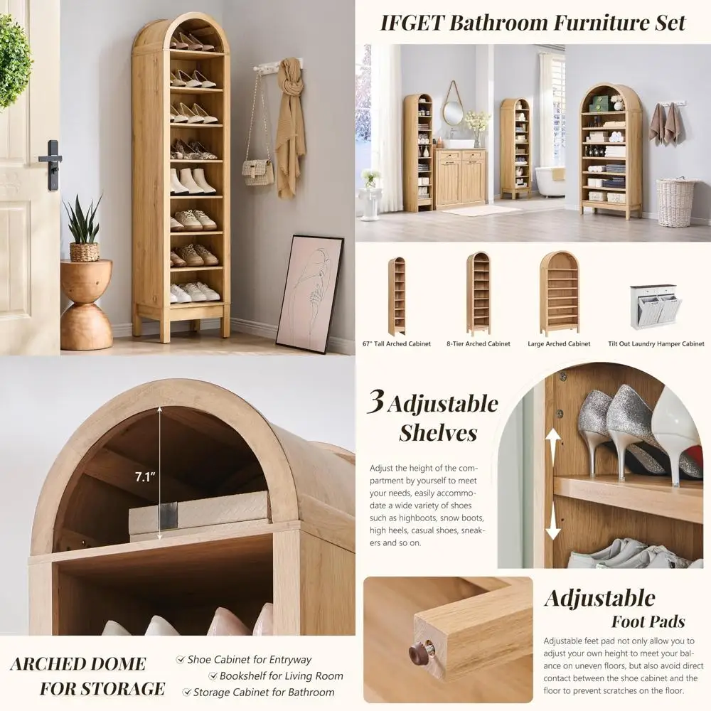 8-Tier 16-Pair Wooden Shoe Storage Cabinet with Adjustable Shelves, Freestanding Closet Organizer