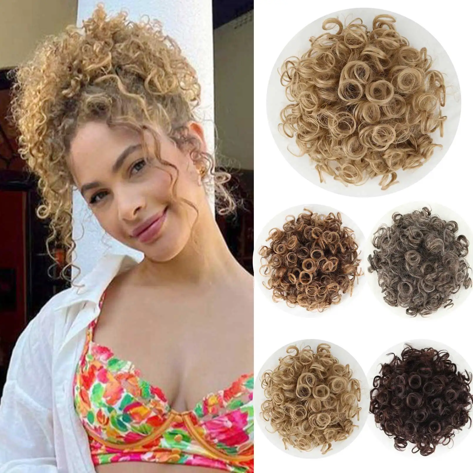 AZQUEEN Synthetic Messy Hair Bun Elastic Drawstring Loose Wave Large Curly Bun Short Synthetic Ponytail Extension for Women