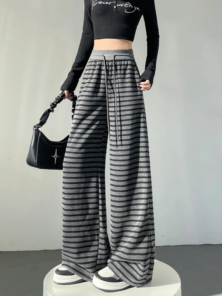 Y2K Pantaloni a gamba larga a righe nere Nuovo autunno a vita alta con coulisse in maglia Pantaloni da passeggio casual larghi Pantaloni lunghi fino al pavimento Streetwear