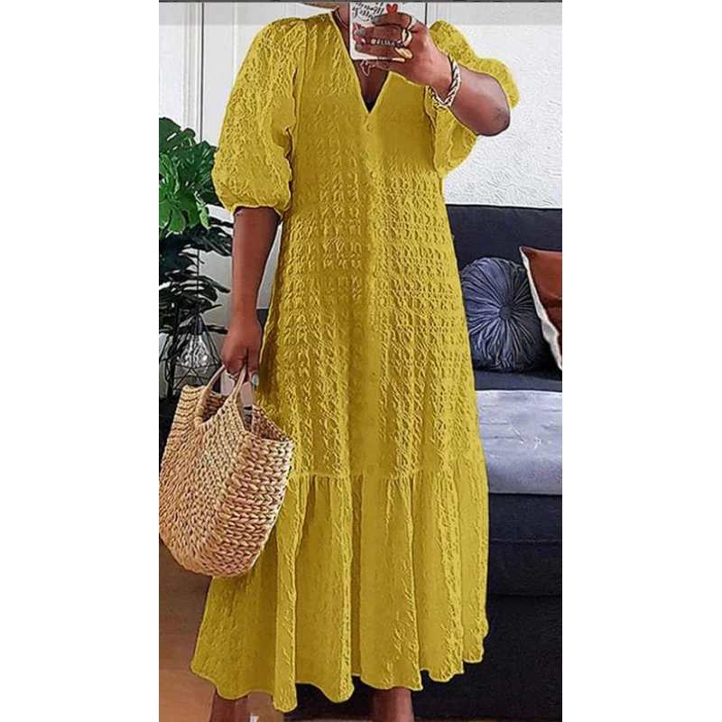 2024 Summer Hot Selling New Plain Color V-Neck Button Pleated Loose Casual Dress