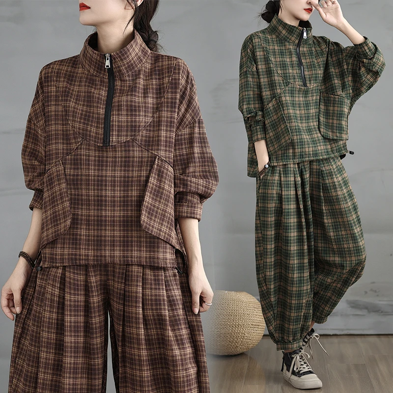 Conjunto Casual de Duas Peças em Aodão e Linho com Estampa Xadrez Retro, Manga Longa, Estilo Solto e Plus Size, Outono 2024