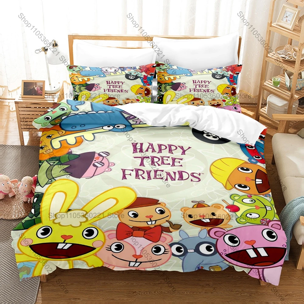 Happy Tree Friends Bedding Set 3PCS Cartoon Anime Printed Duvet Cover Pillowcase Bedroom Decor Twin Full Queen King Size New