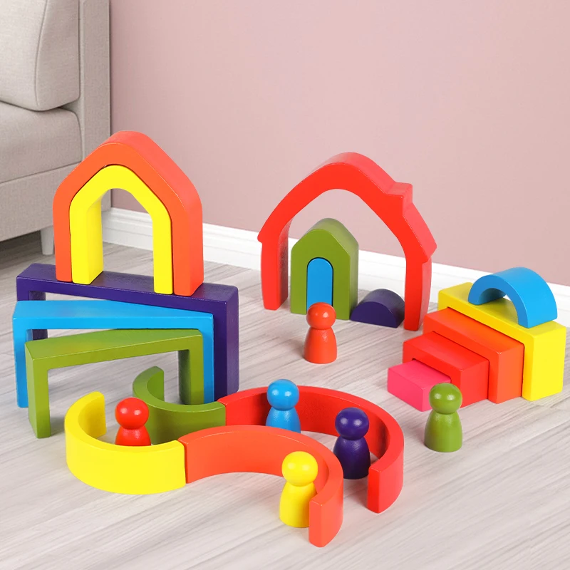 Mainan susun kayu pelangi mainan montesori permainan Puzzle anak blok bangunan geometris persegi/Arched kognisi bayi kreatif