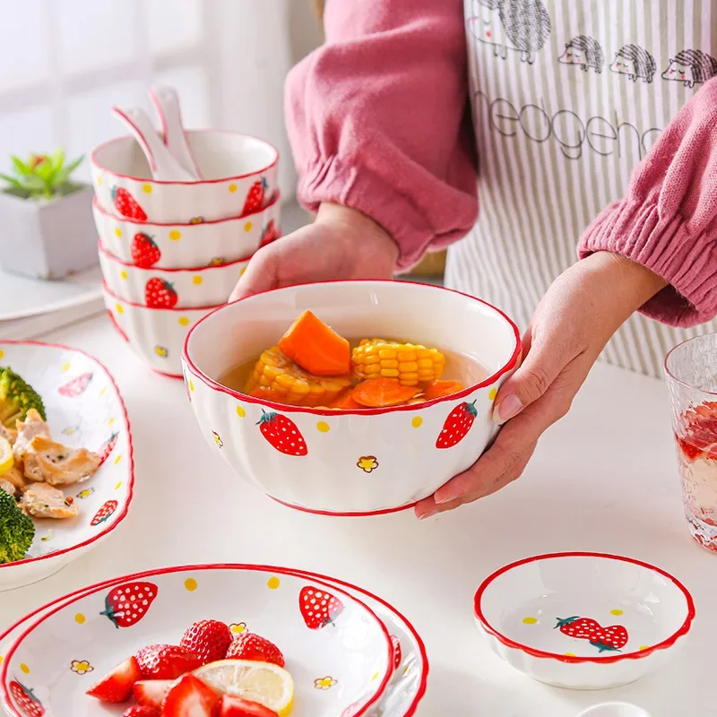 LingAo  Web celebrity breakfast bowl plate girl heart dish household spoon bowl plate set cutlery