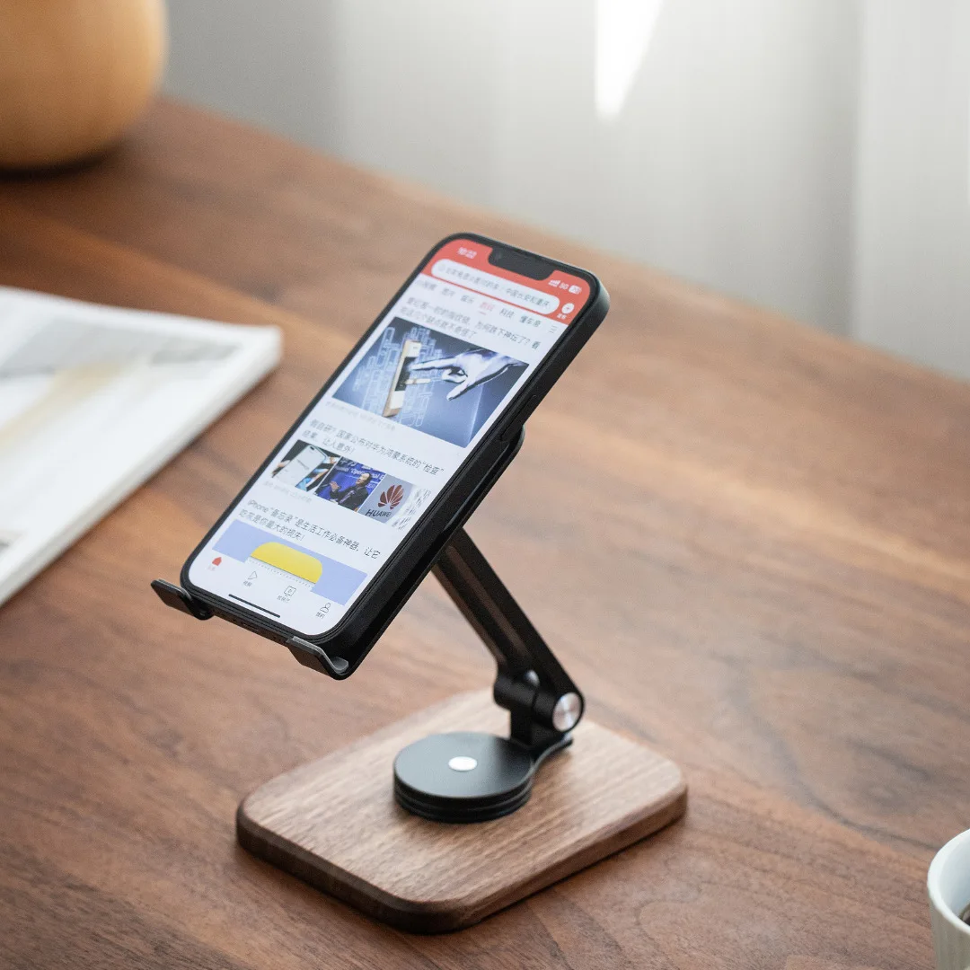360 Rotation Walnut Wood Phone Stand Solid Wooden Universal iPhone Holder For Desk Foldable Desktop Accessories Aluminum Alloy