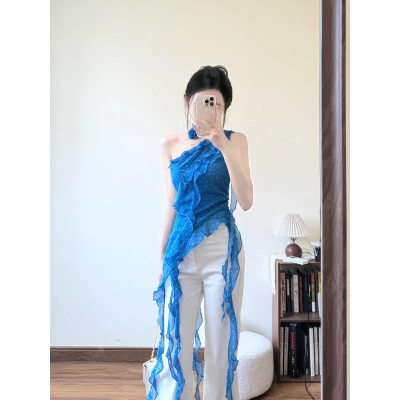 

Асимметричный шифоновый топ с длинным рукавом и галстуком, комплект с облегающими джинсовыми брюками, женский летний повседневный наряд