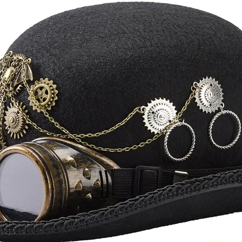31BF Adjustable Goggles Attached Wool Top Hat Steampunk Magicians Hat Costume Accessory For Men Women Theme Event Dressingup