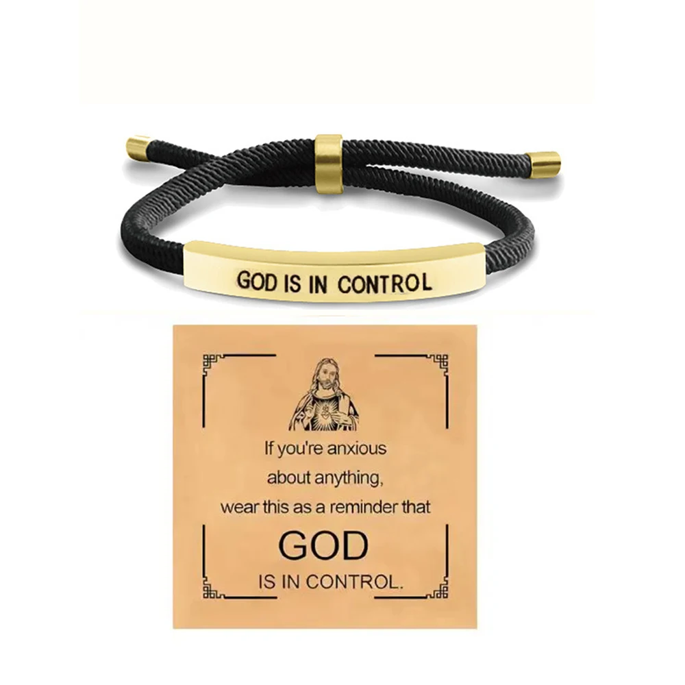 Adjustable Stainless Steel Inspirational Bracelet God Is In Control Rope Bracelet With Card Christian Jewelry