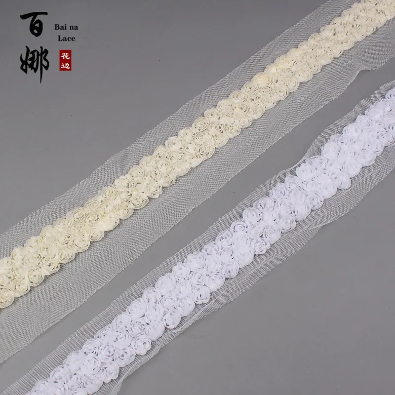 1 Yard 4cm Wide White Ivory Black 3D Handmade Rose Lace Trim Chiffon Flowers  Ribbon Fabric for Wedding Dress  DIY Crafts