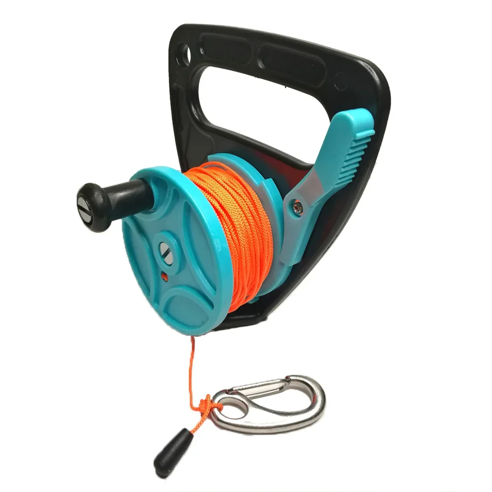 150ft Line SMB Dive Wreck Cave Diving Reel with Handle Thumb Stopper Clip Hook for Underwater Scuba Diving Diver Snorkeling