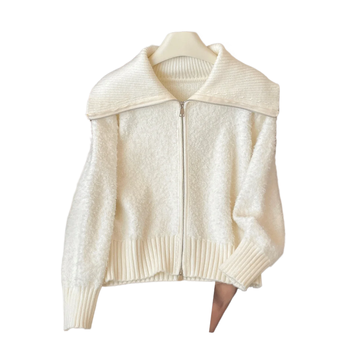 

American Style Sailor Collar Zipper Sweater Women's Autumn Winter Gray Short Cardigan Versatile Loose Long Sleeved Top