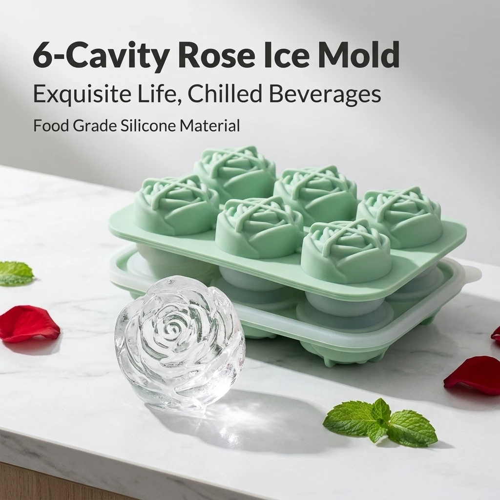 

Food-grade silicone 6-piece rose ice cube tray with leak-proof funnel and buckle for DIY ice molds and ice cube molds