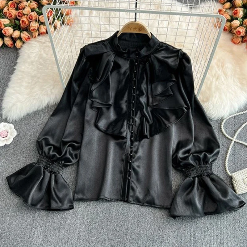 Vintage Satin White Shirts Women Elegant Ruffles Flare Long Sleeve Blouses Office Ladies Korean Black Casual All Match Tops New