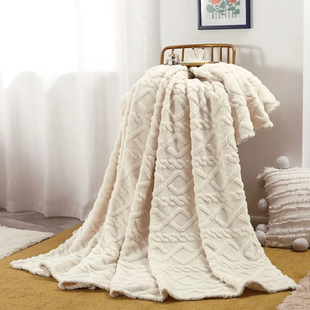 Solid Color Flannel Blanket Warm Plush Throw Blanket Embossed Four-Season Blanket Bedroom Bed Living Room Sofa Couch