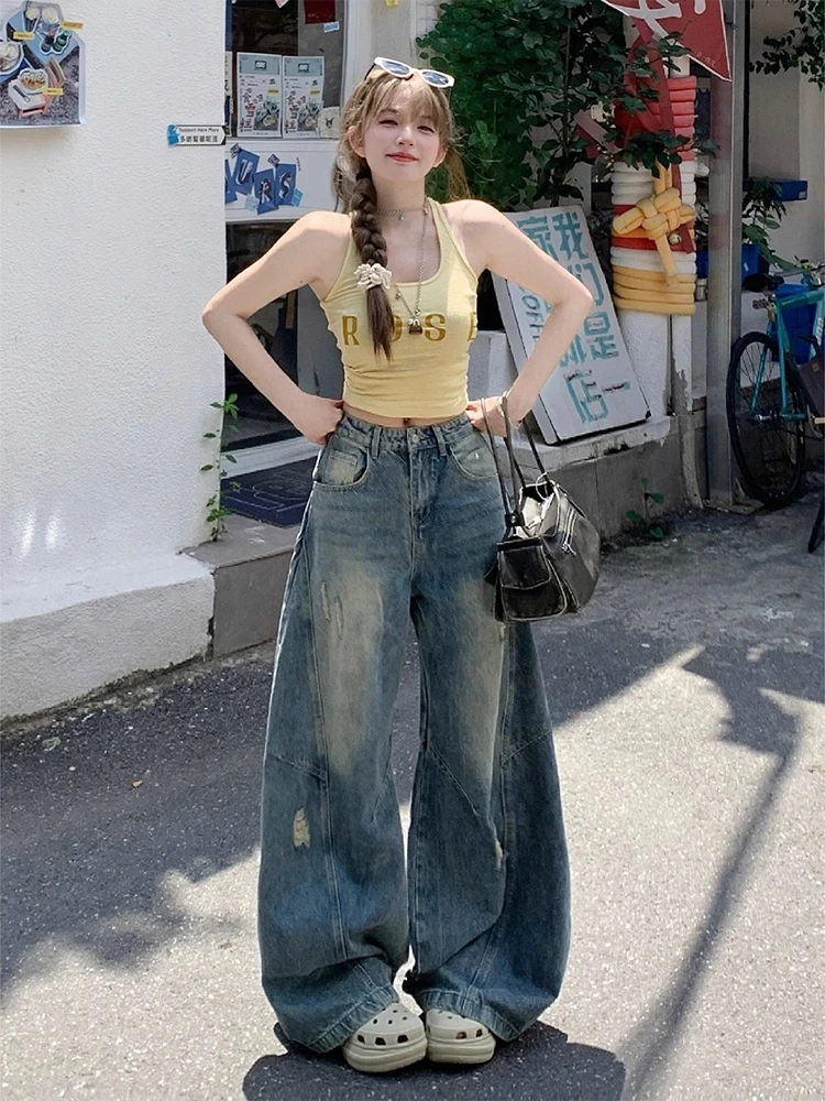 

Mom Jeans Women Retro Color Block High Waist Straight Trouser Hole Zipper Wide Leg Pants Y2k Streetwear Loose Denim Long Spring