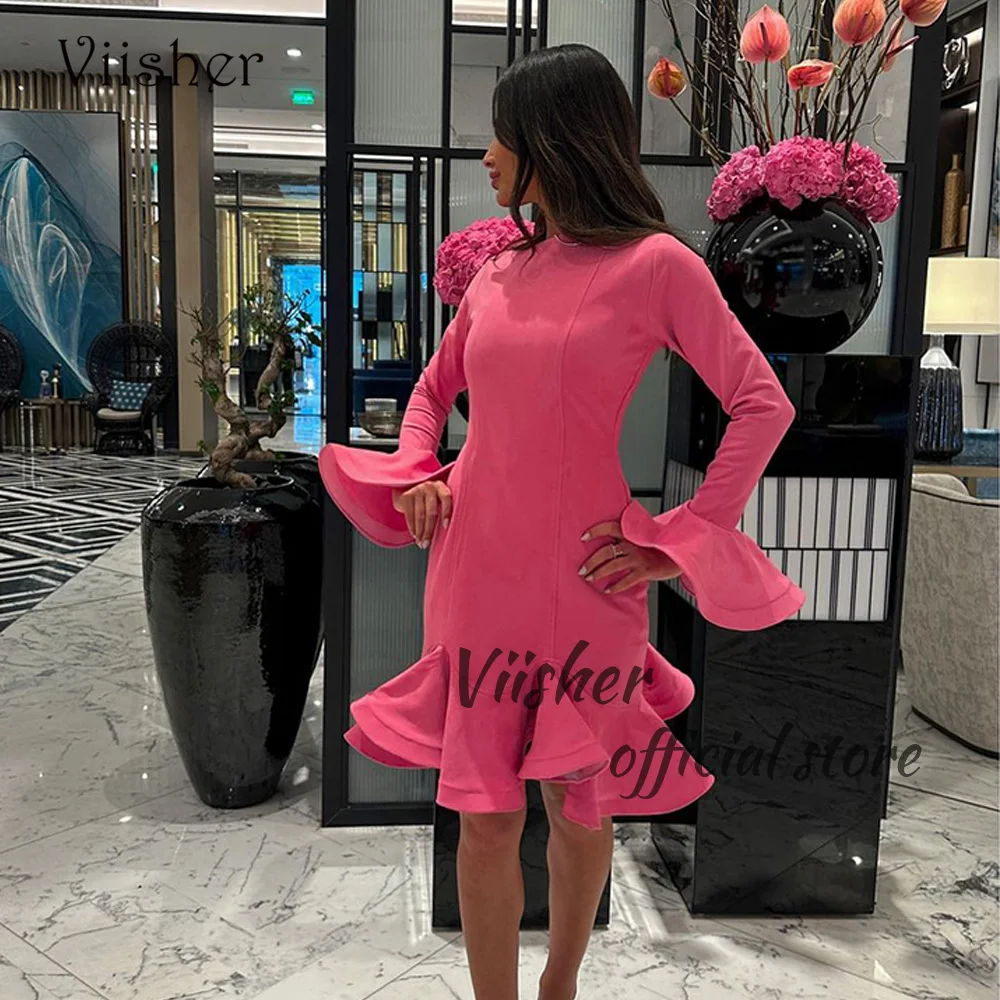 

Viisher Pink Satin Mermaid Evening Dresses Long Sleeve O Neck Arabic Dubai Prom Party Dress Knee Length Formal Gowns