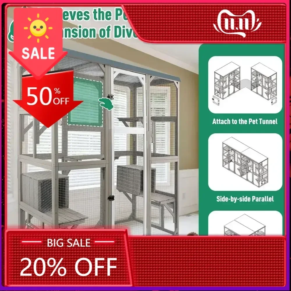 

BestsellerLarge Wooden Outdoor Cat Enclosure with 2 Spaces, 2 Rooms, 5 Platforms, Removable Waterproof Cover, 67.7 Height