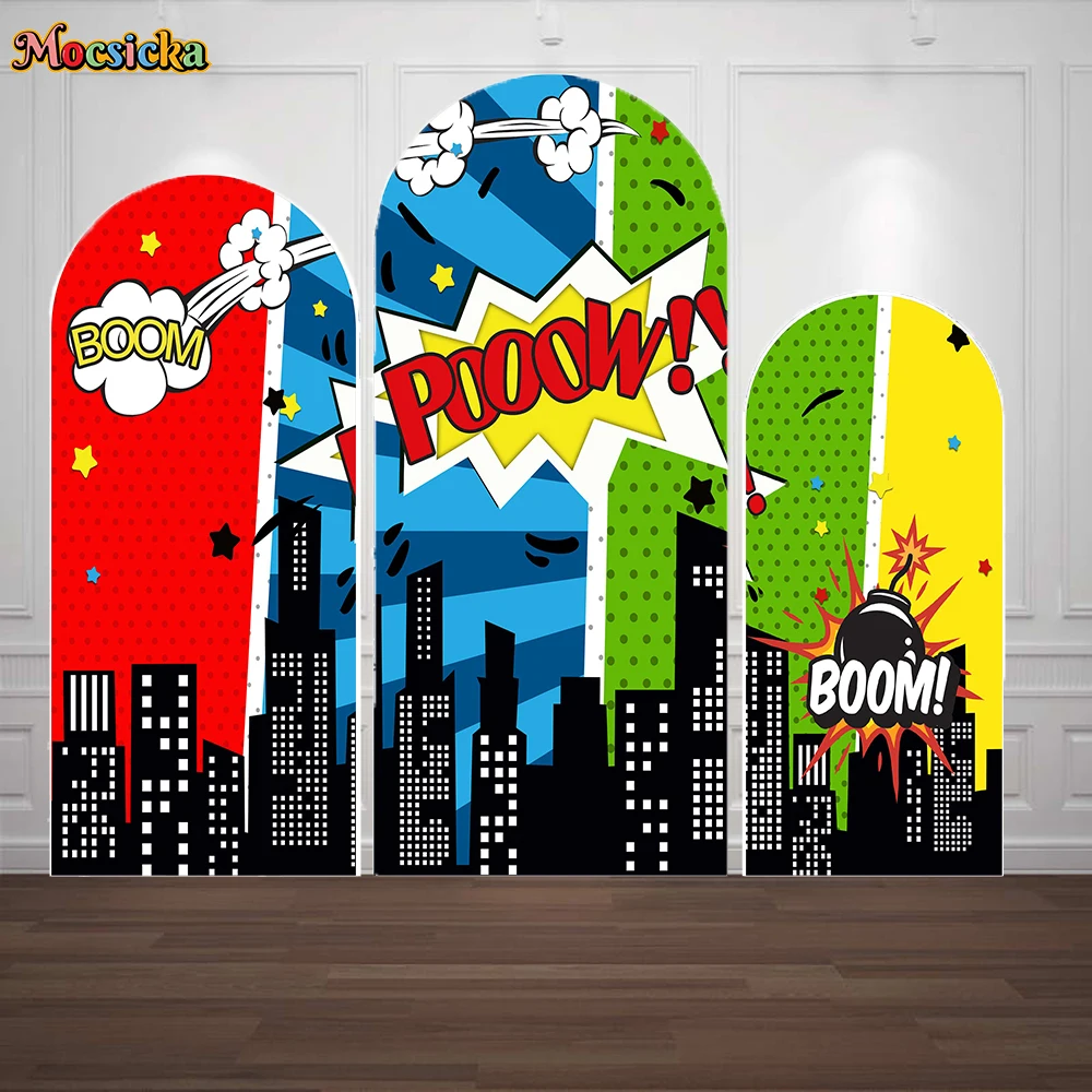 Super Hero Boy Birthday Arch Cover Background Cartoon Comic City Building Backdrop Double-sided Custom Studio Photoshoot Booth