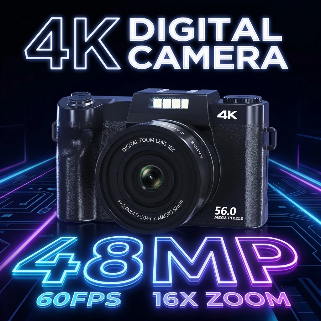 4K Digital Camera for Photography and 16X Digital Zoom Camera 48MP Compact Vlogging Camera 3Inch Screen with Flash for Men Women