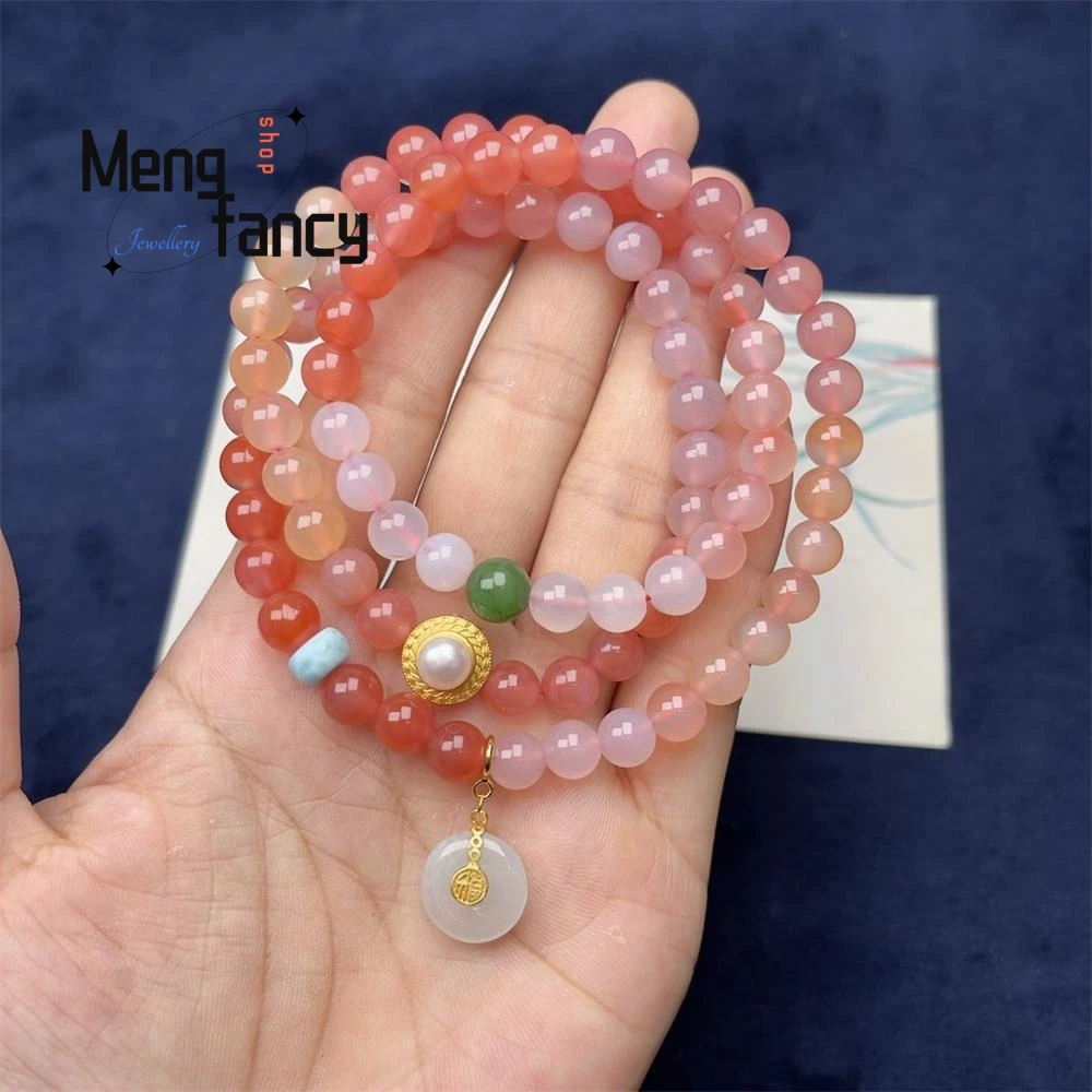 Natural Agate Gradient Colour Triple Loop Jadeite Peace Buckle Exquisite Elegant Simple High-grade Bracelet Fashion Fine Jewelry