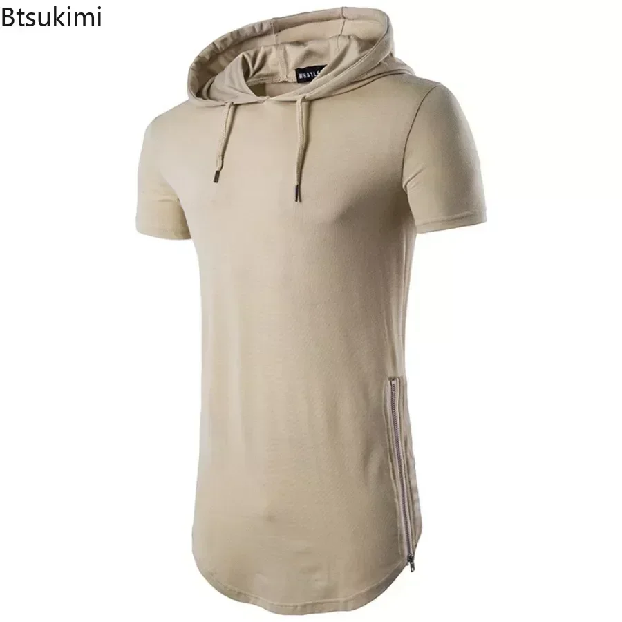 2025 Men\'s Summer Short Sleeve Hooded T-Shirt Solid Long Hip Hop Tops Fashion Side Zipper Streetwear Casual Sport Tees for Men