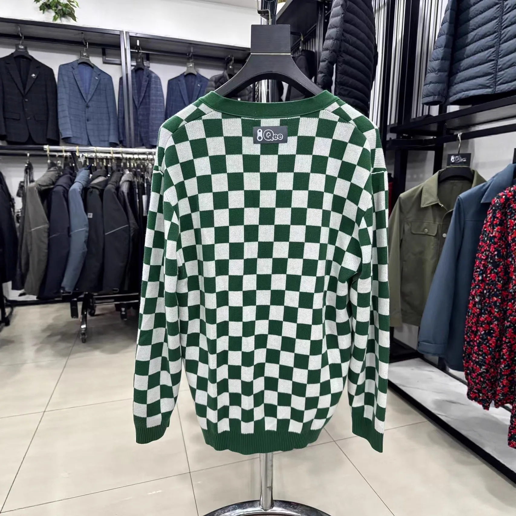 

High Elastici Loose Fit Knitted Sweater 50 Cotton Color Woven Chboard Pattern Open Cardigan M Casual Wear V Ne