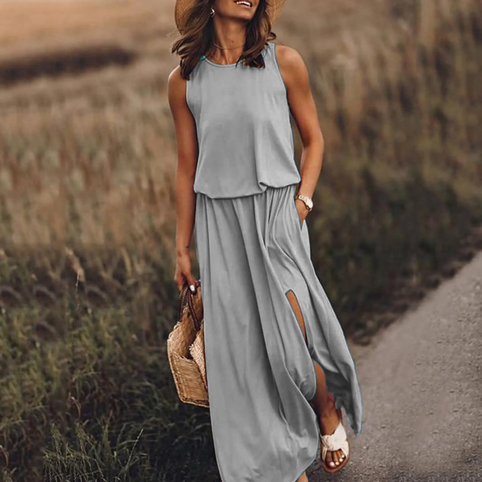 Spring and Summer New Women's Round Neck Sleeveless Dress Split Solid Color Casual Commuter Long Dress Set