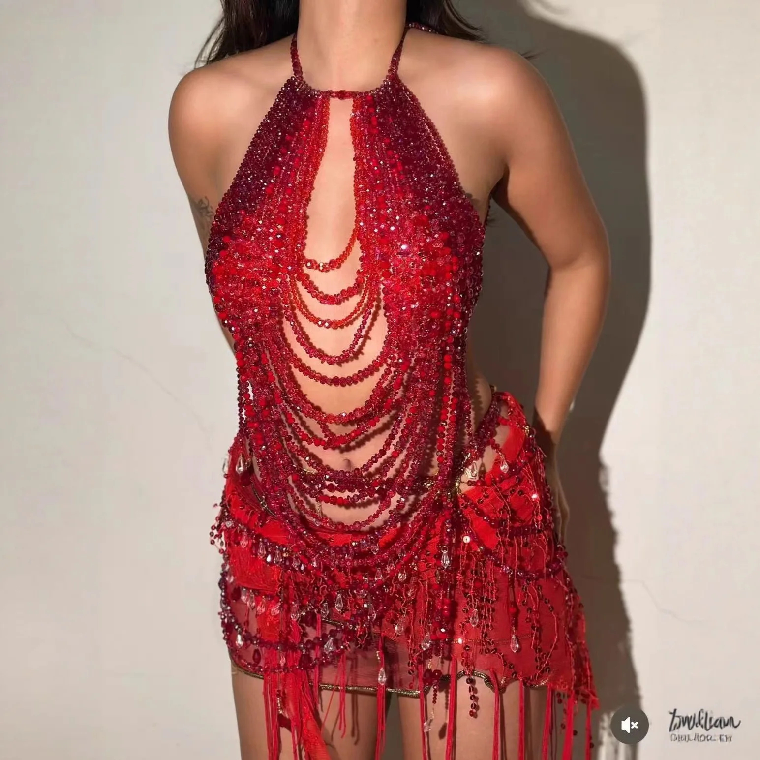 Halter Backless Red Beads Tassel Body Chain Necklace Night Clubwear Party Tops Women Fashion Sexy Fringed Cutout Y2k Vests