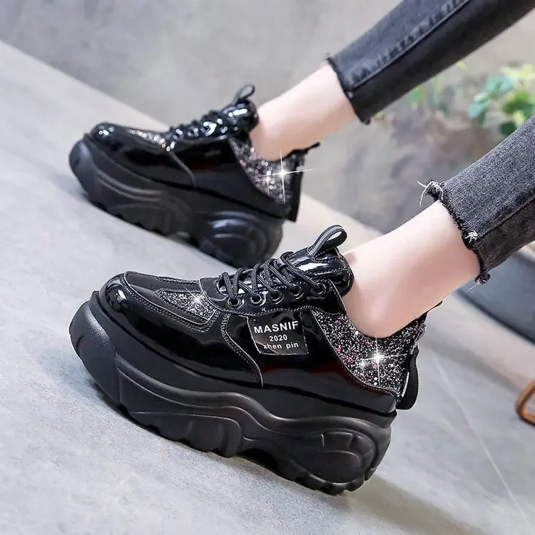 New Women Glitter Sneakers Casual Female Lace Up Zipper Platform Shoes Fashion Comfort Dad Chunky White Black Red g87