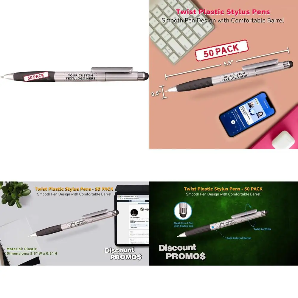 

Customizable 50-Pack Twist Plastic Stylus Pens with Personalized Text and Logo in Silver - Ideal for Promotional Use