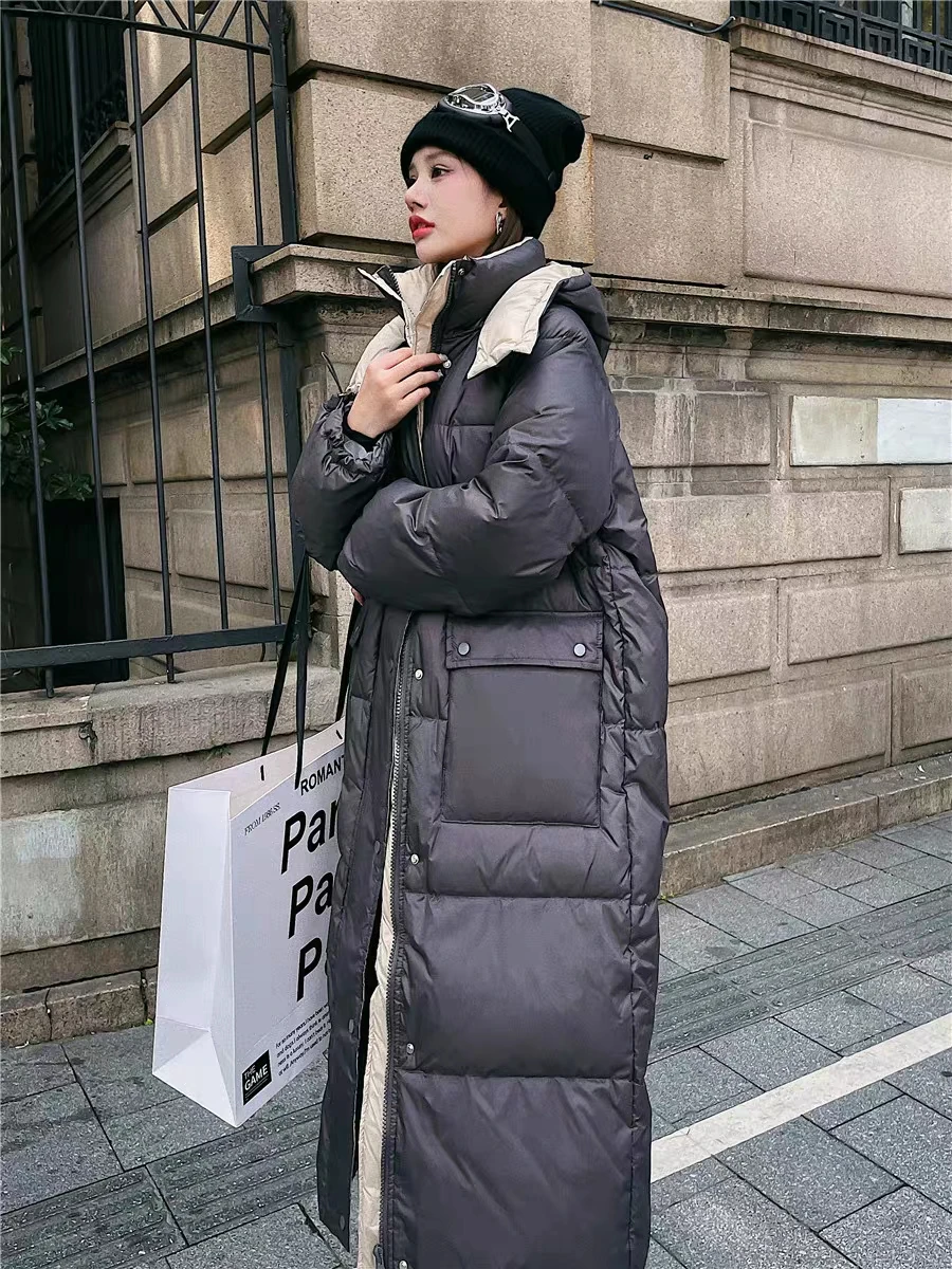 

White Duck Down Hooded Jacket for Women, Loose Fitting and Thickened, Mid Length, Korean Version, Winter Fashion, New, 90%