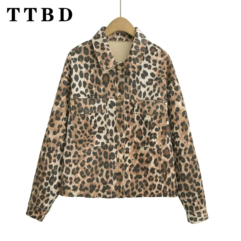 

TTBD 2024 Early Autumn Women's Leopard Print Suede Texture Lapel Long Sleeve Elegant Retro Short Jacket Coat Casual Fashion Oute