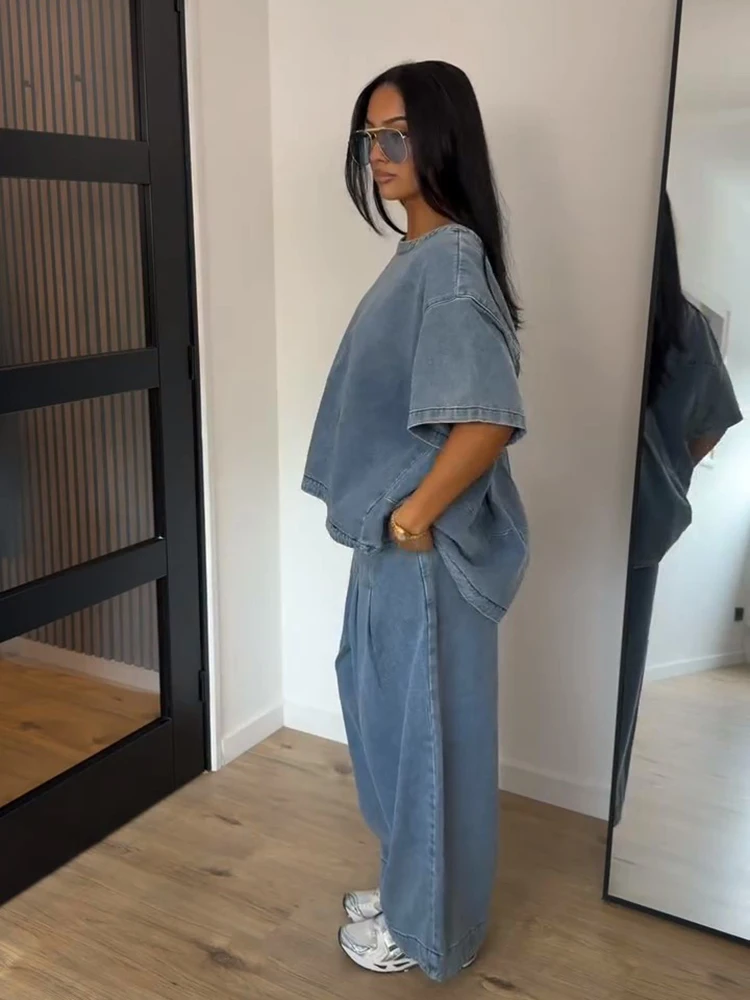 Denim-Übergrößen-Oberteil und Hosen-Set für Damen, Street-Style O-Ausschnitt Kurzarm mit Unregelmäßigem Saum, Lockere Oberteile und Weite Hosen, Schicke Damen-Outfits – Detail 7