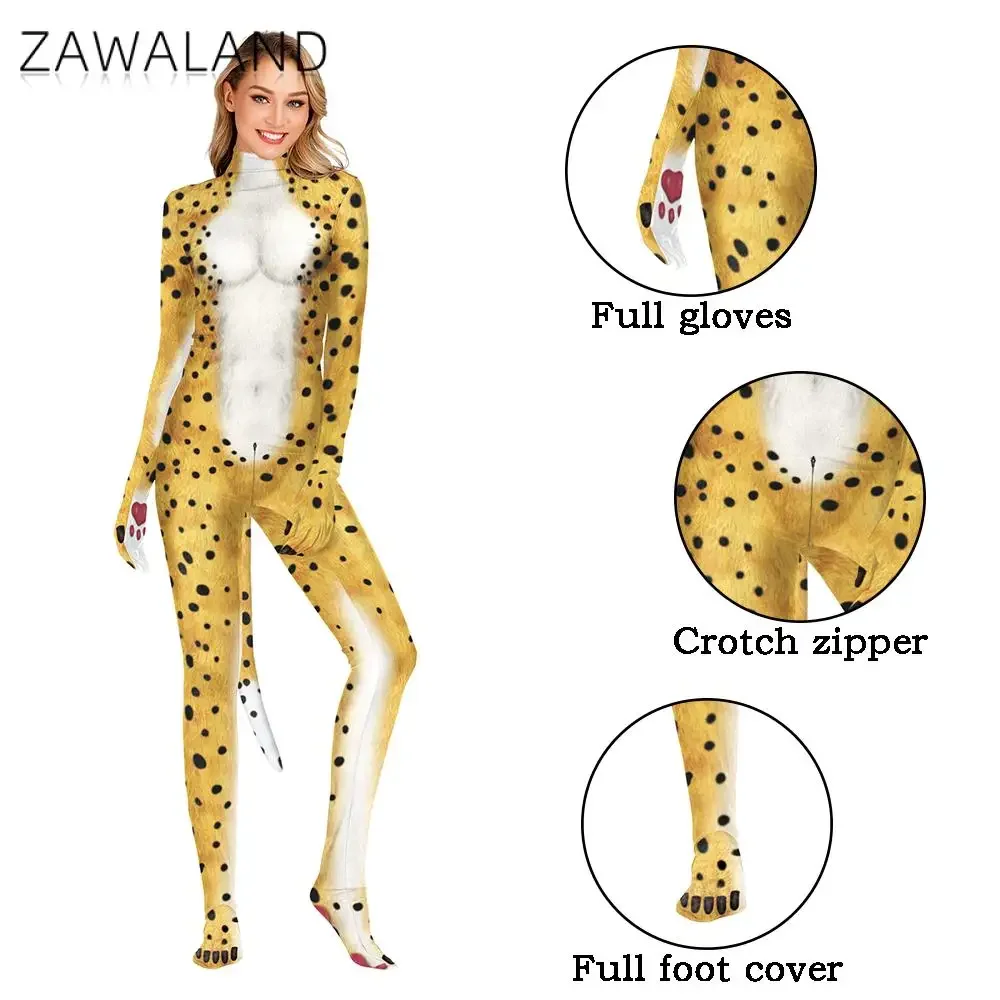 Zawaland Woman Dog Petsuits Leopard Husky Tiger Printed Full Bodysuits Carnival Disguise Clothes Crotch Zipper Costume with Tail