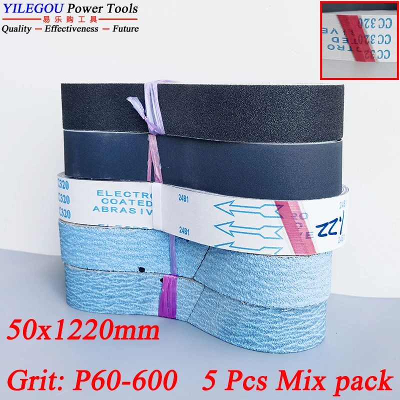 5 sztuk taśm szlifierskich z cyrkonem o wymiarach 50 × 1220 mm. Taśma ścierna karborundowa 2" × 48" 1220 x 50 mm Siatka szlifierska z cyrkoniami i tlenkiem glinu.