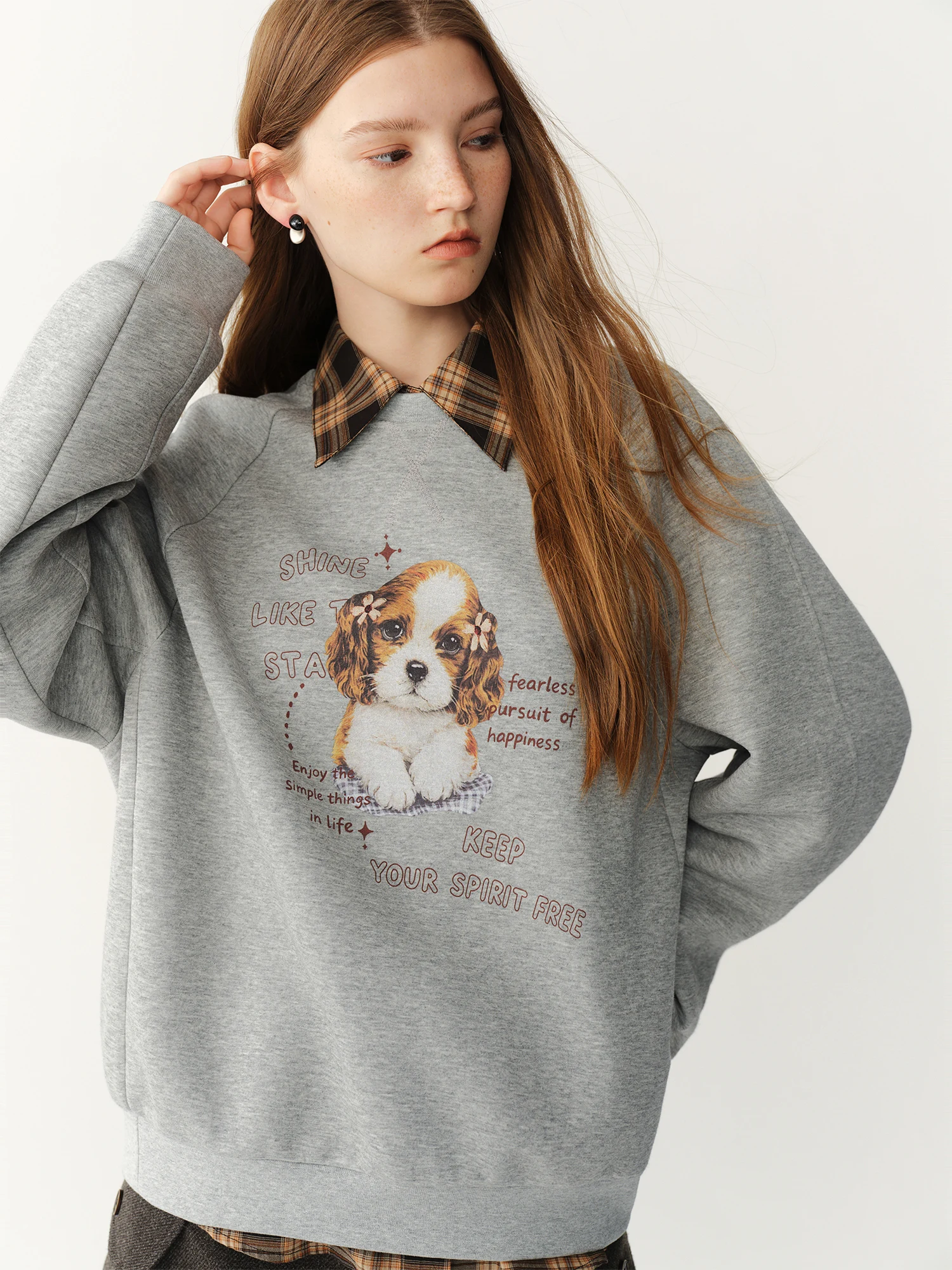 FSLE 2026 Winter New Women's Loose Casual Sweatshirt Raglan Sleeve Cute Dog Print Youthful Long‑Sleeve Relaxed Pullover Top