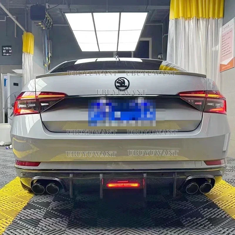 Carbon Fiber Rear Lip With LED Light FOR Skoda Superb 2015- 2023 Fins Shark Style Diffuser Bumper Guar