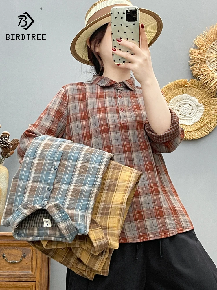 

Новая женская хлопковая рубашка с длинным рукавом на весну 2026 года, с отложным воротником, в клетку, в стиле Mori Girl, дышащая, повседневная, свободная блузка T61787CC