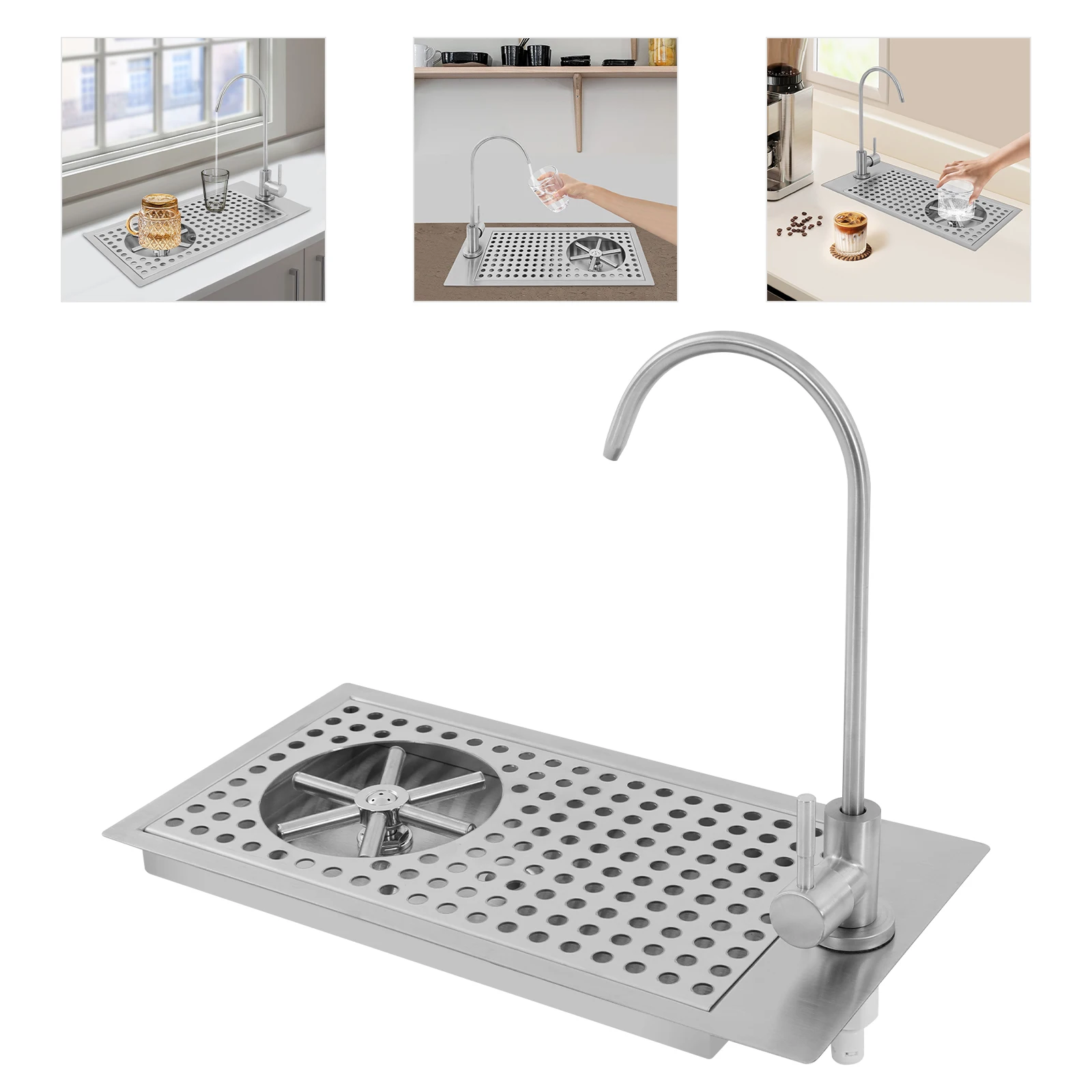 

304 Stainless Steel Silver Embedded Cup Washer Glass Rinser with Clean Faucet for Restaurants Bars Cafes for All Types of Cups