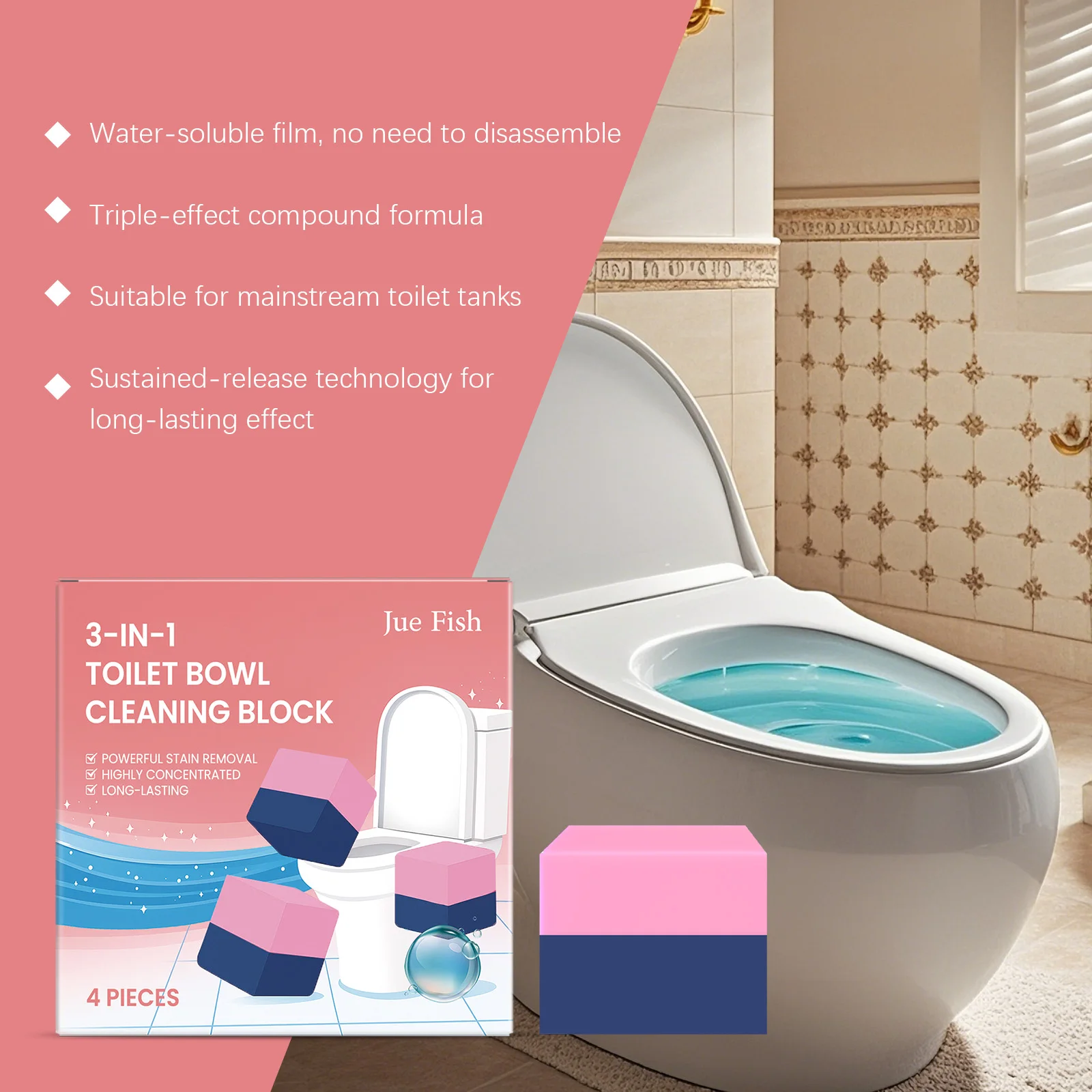 ジュエフィッシュ 3in1 トイレ洗浄ブロック：強力な汚れ落とし＆消臭剤、フレッシュな香り、家庭用トイレボウルクリーナー