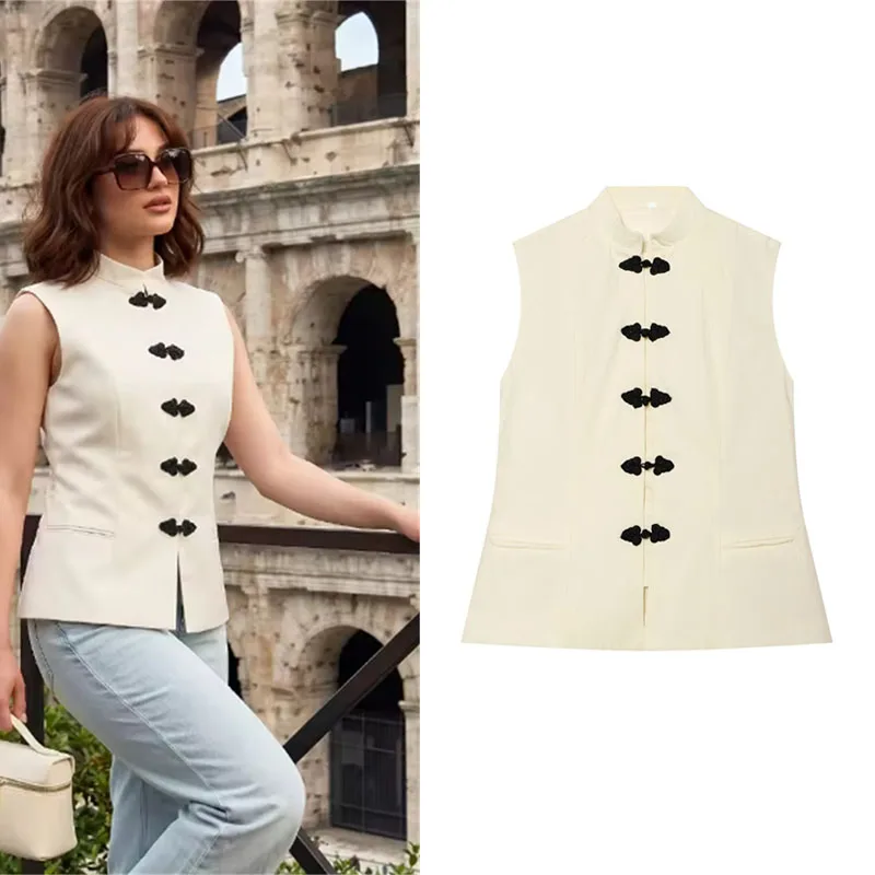 2026 Solid Cream White Stand Collar Chinese Knot Buttons Ladies Casual Vest