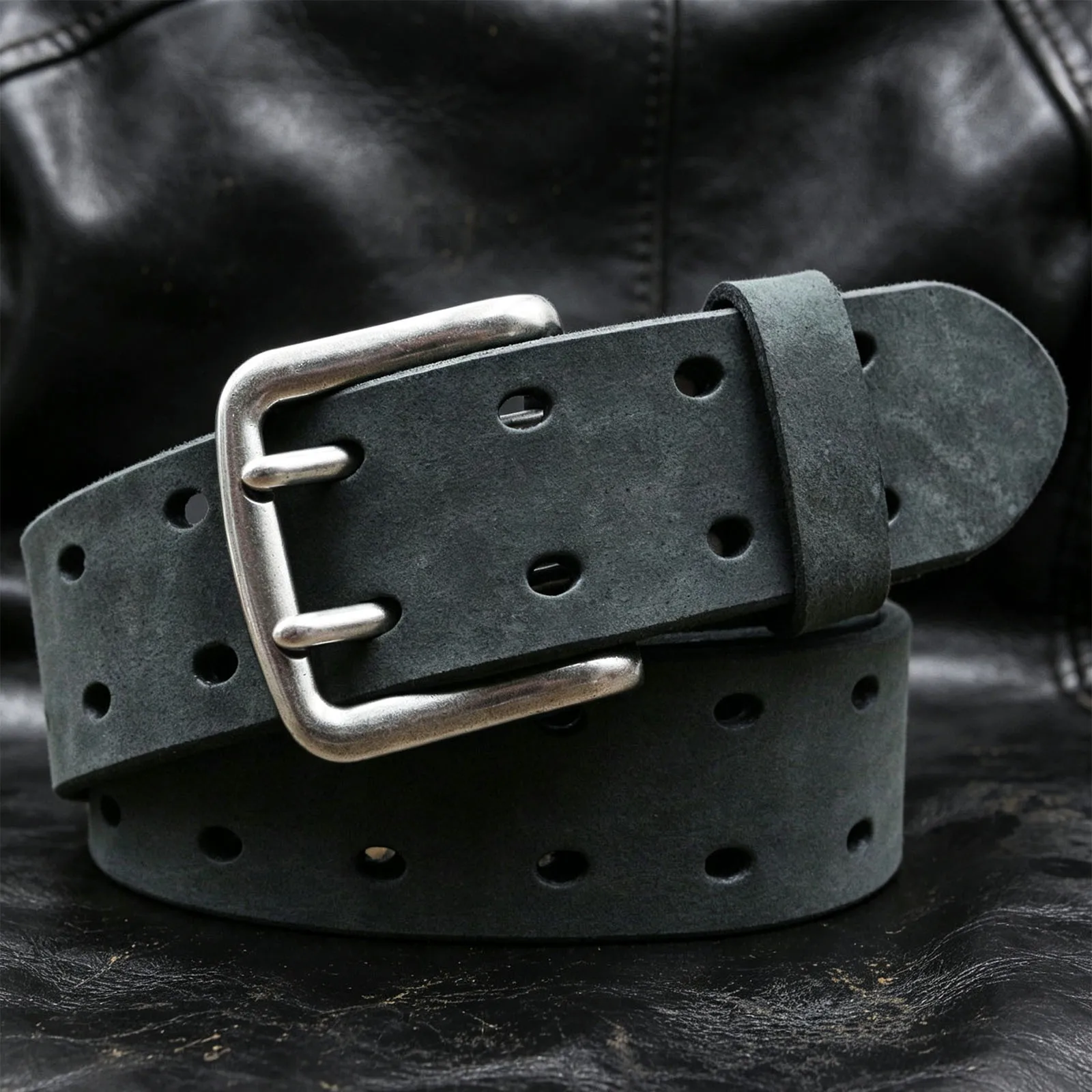 Matte Crazy Horse Leather Belt for Men Full Grain Cow Leather Double Pin Buckle Multi Eyelet Hole Retro Distressed Workwear