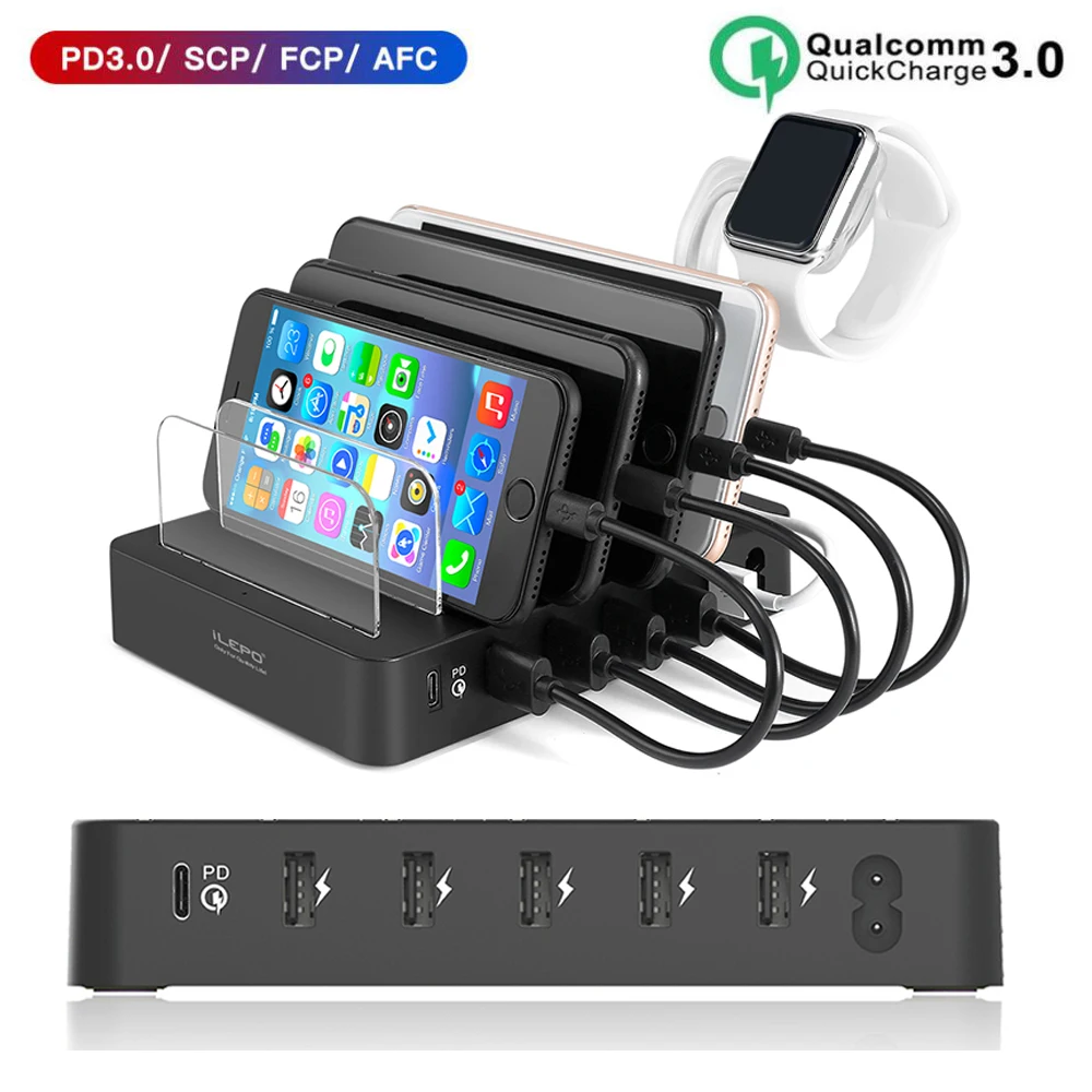 

Universal 105W 6 Port Multi USB Charger Stand Carregador Quick Charge PD3.0 65W Fast Charger Station For iPhone Samsung Xiaomi