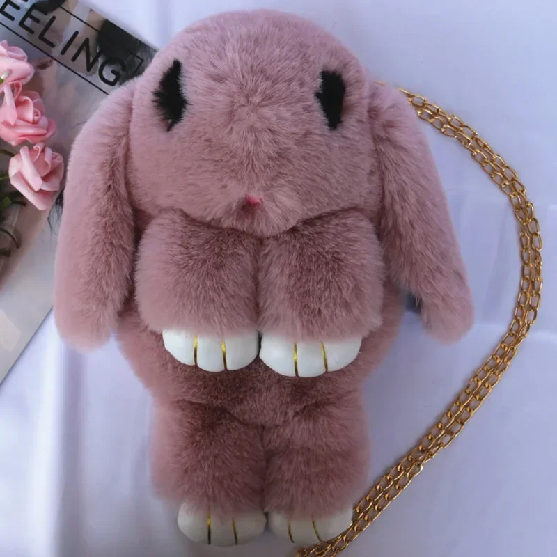 Cute Fluffy Rabbit Fur Pompoms Chain Bag Women Cartoon Rabbit Sling Bag Fluffy Bunny Shoulder Plush Backpack Girl Birthday Gifts