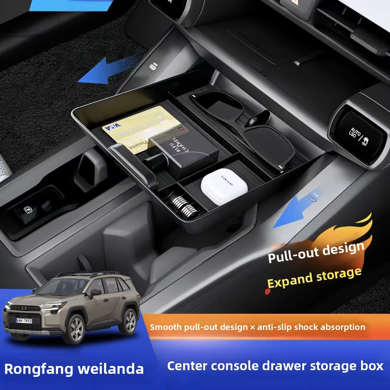 Mittelkonsolen-Organizer für Toyota RAV4 (6. Generation) 2026, Armlehnen-Zusatzstauraum mit Handyfach, ABS, Auto-Innenausstattung – Detail 1