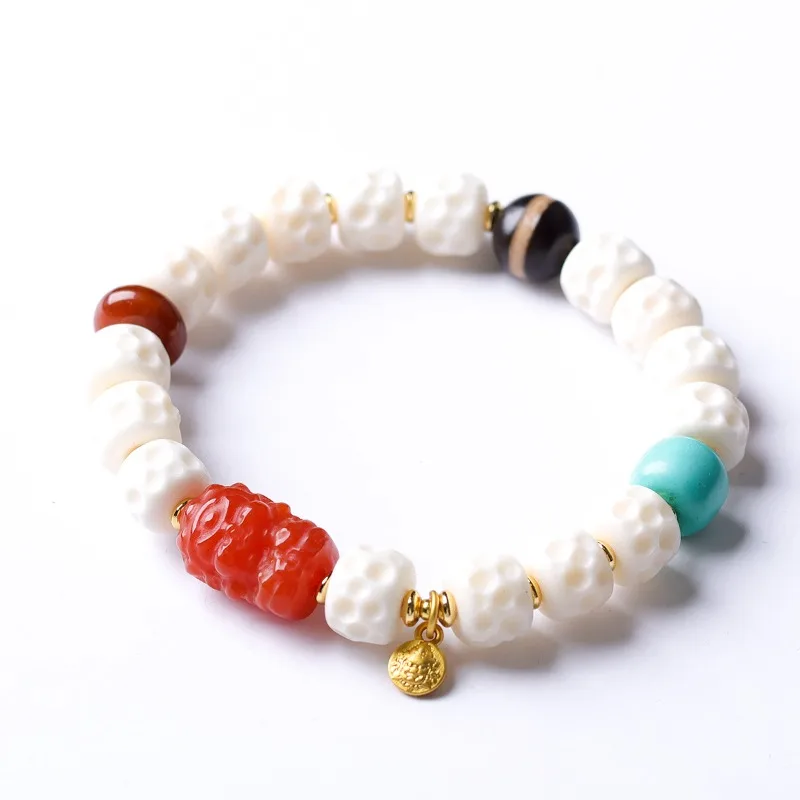 

Tibetan Style Meteorite Pit Bone Bracelet with South Red Agate Yellow God of Wealth Magnesite Turquoise Gifts