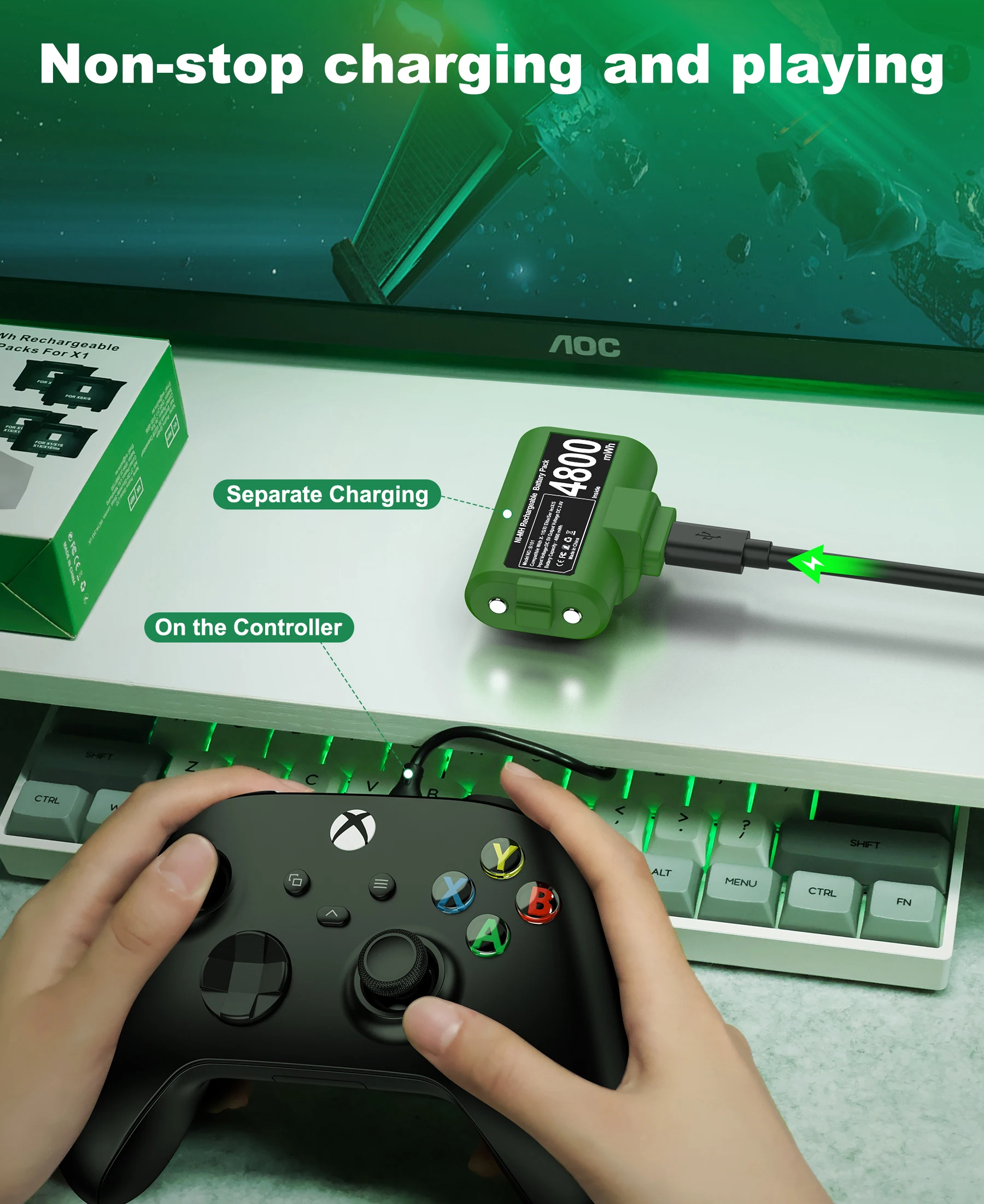 Pack de 2 piles pour contrôleur Xbox One 4800mWh, Kit de lecture et de Charge, câble de chargement USB-C/4 housses pour Xbox One/Série X | S