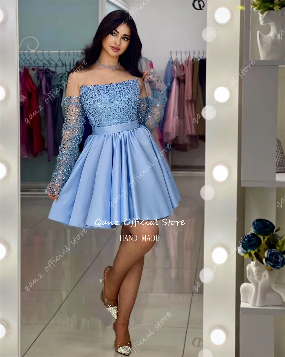 Qanz Blue Strapless Homecoming dresses Sparkly Sequined Long Sleeves Vestidos De Festa Short A Line Birthday Dresses Customized